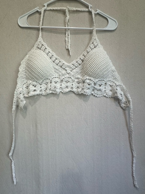Crochet Tops - Ivory White Crochet Festival Halter Bralette Top Sz Small Music boho Coachella